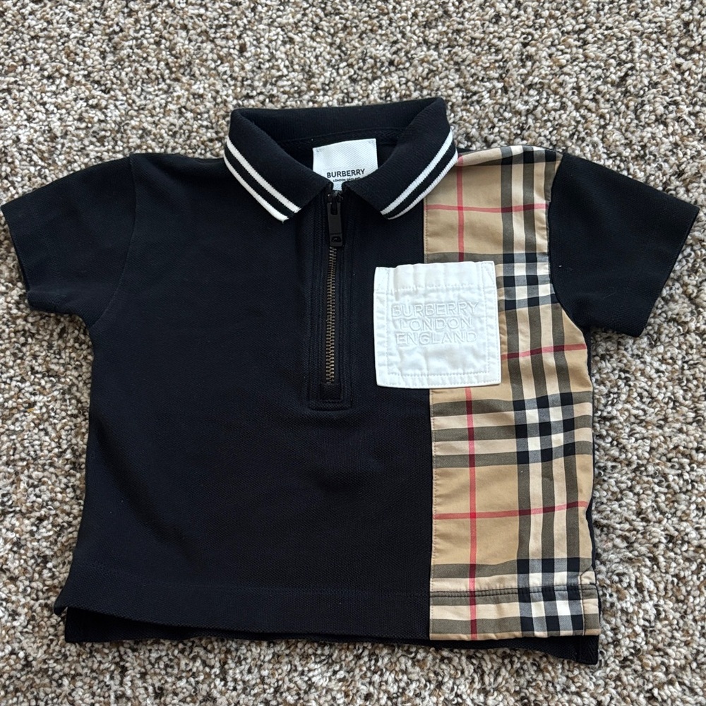 Burberry Black Polo with Classic Check Side Panel - Kids 12M